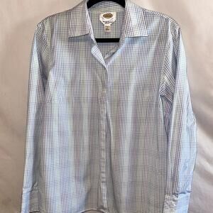 Talbots Blue White Blue Green Purple checked Button Down Blouse Size 14